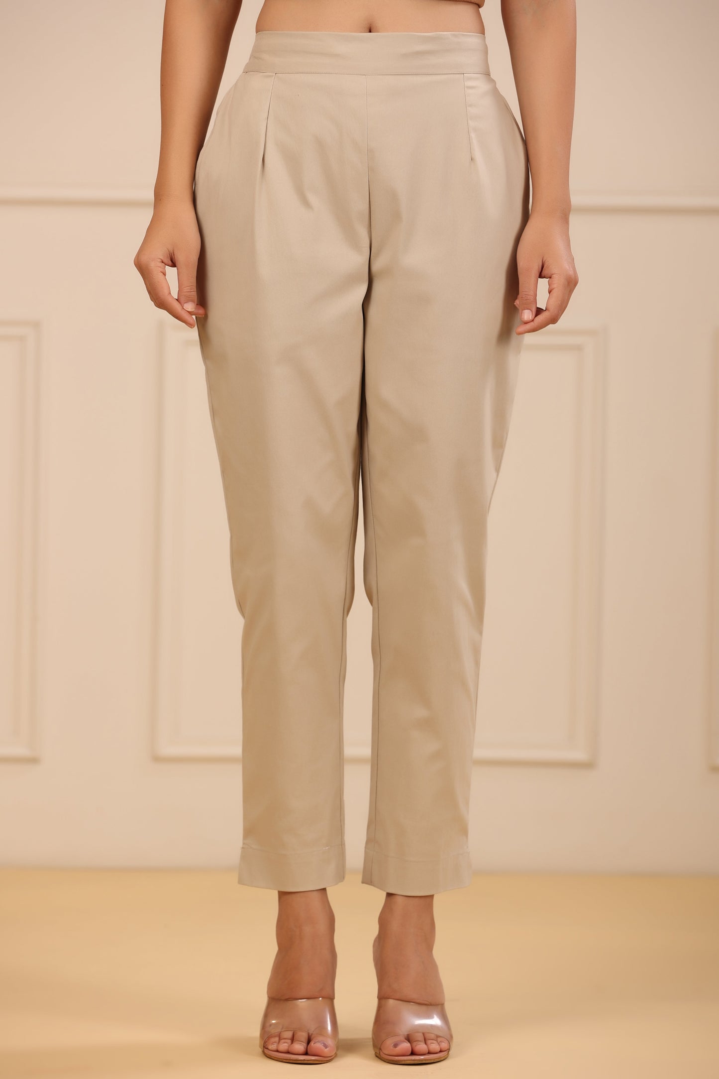 Beige Cotton Spandex Solid Straight Pant