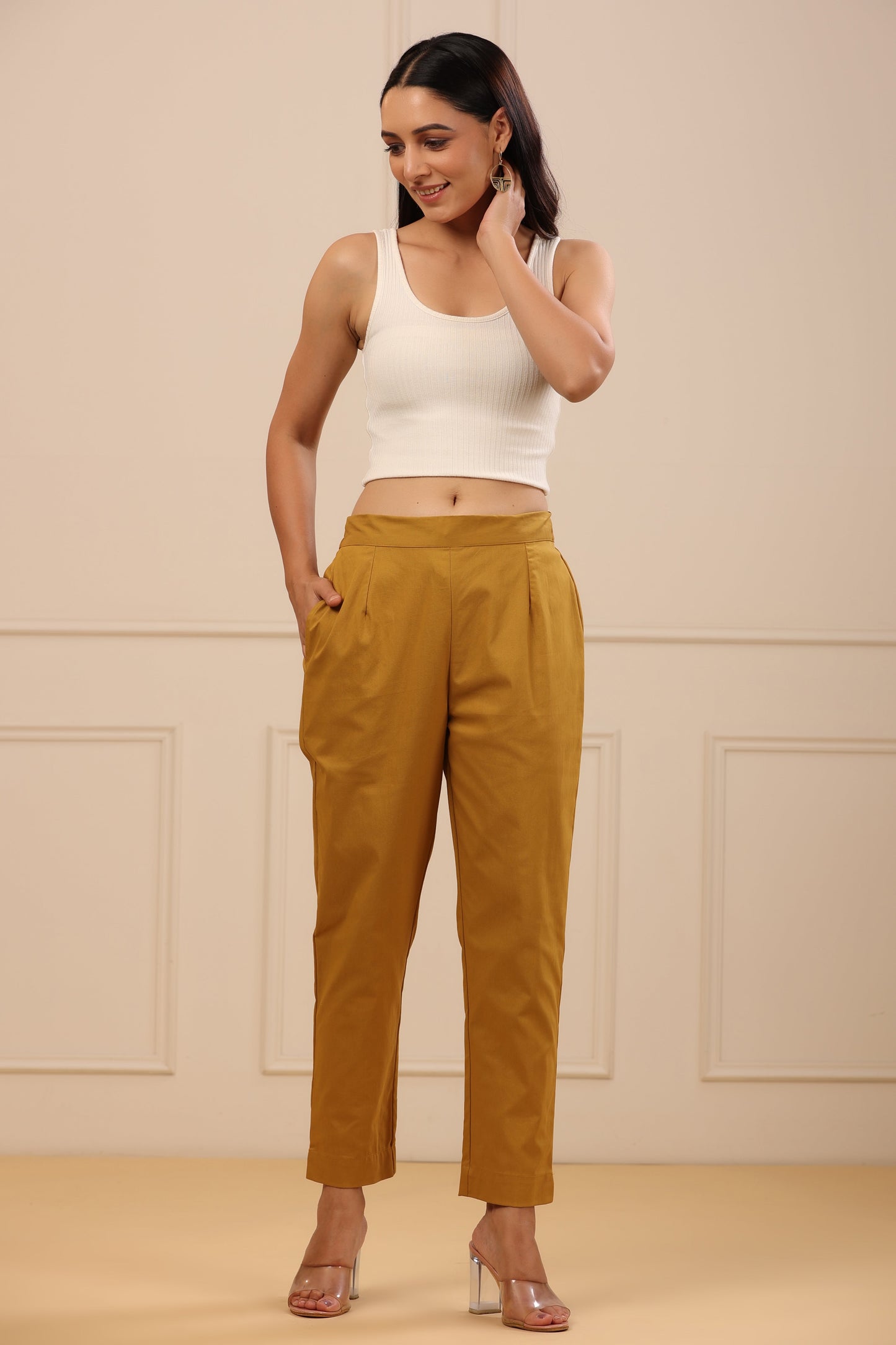 Mustard Cotton Spandex Solid Straight Pant