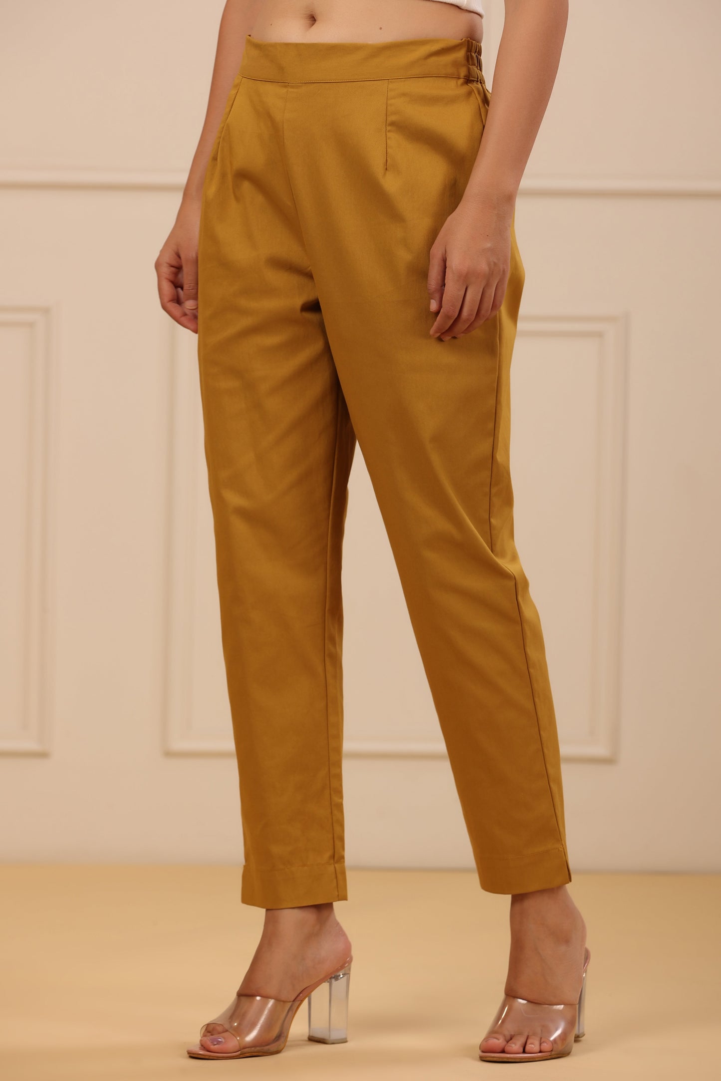 Mustard Cotton Spandex Solid Straight Pant
