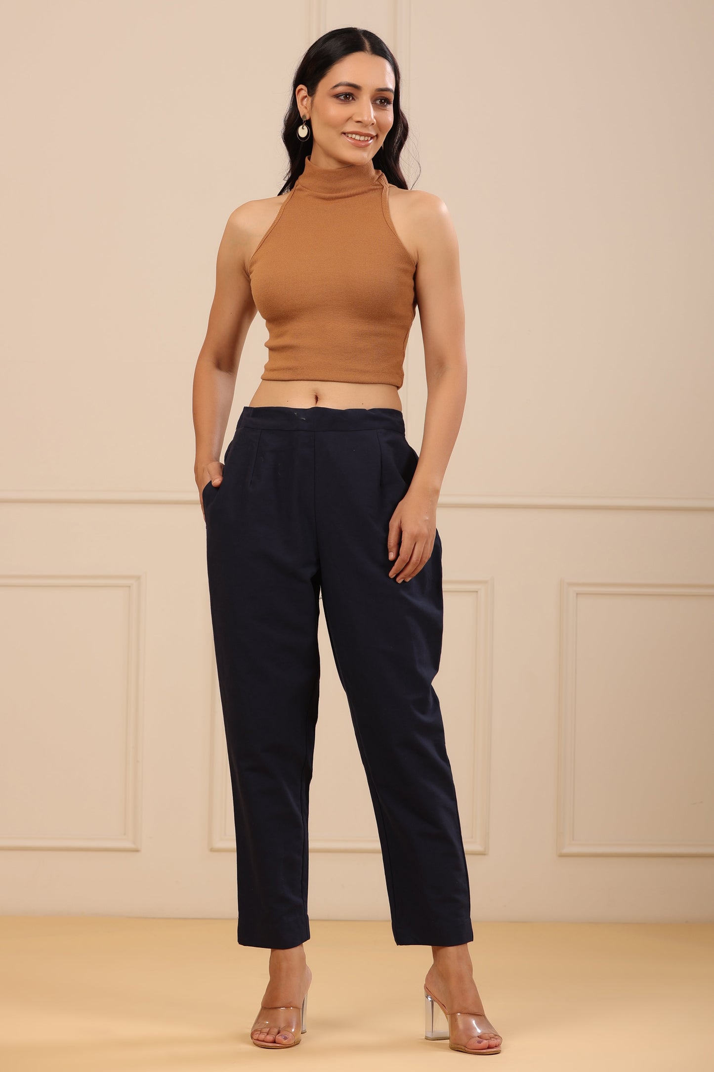 Navy Cotton Twill Solid Straight Pant/Slim Pant