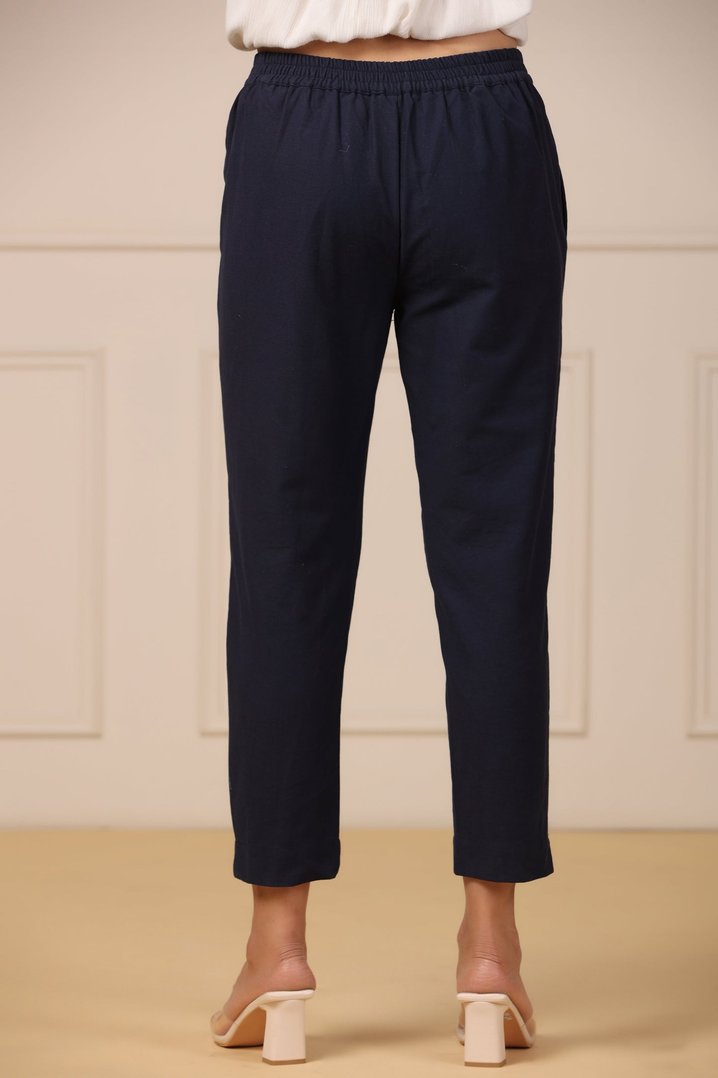 Navy Cotton Twill Solid Straight Pant/Slim Pant