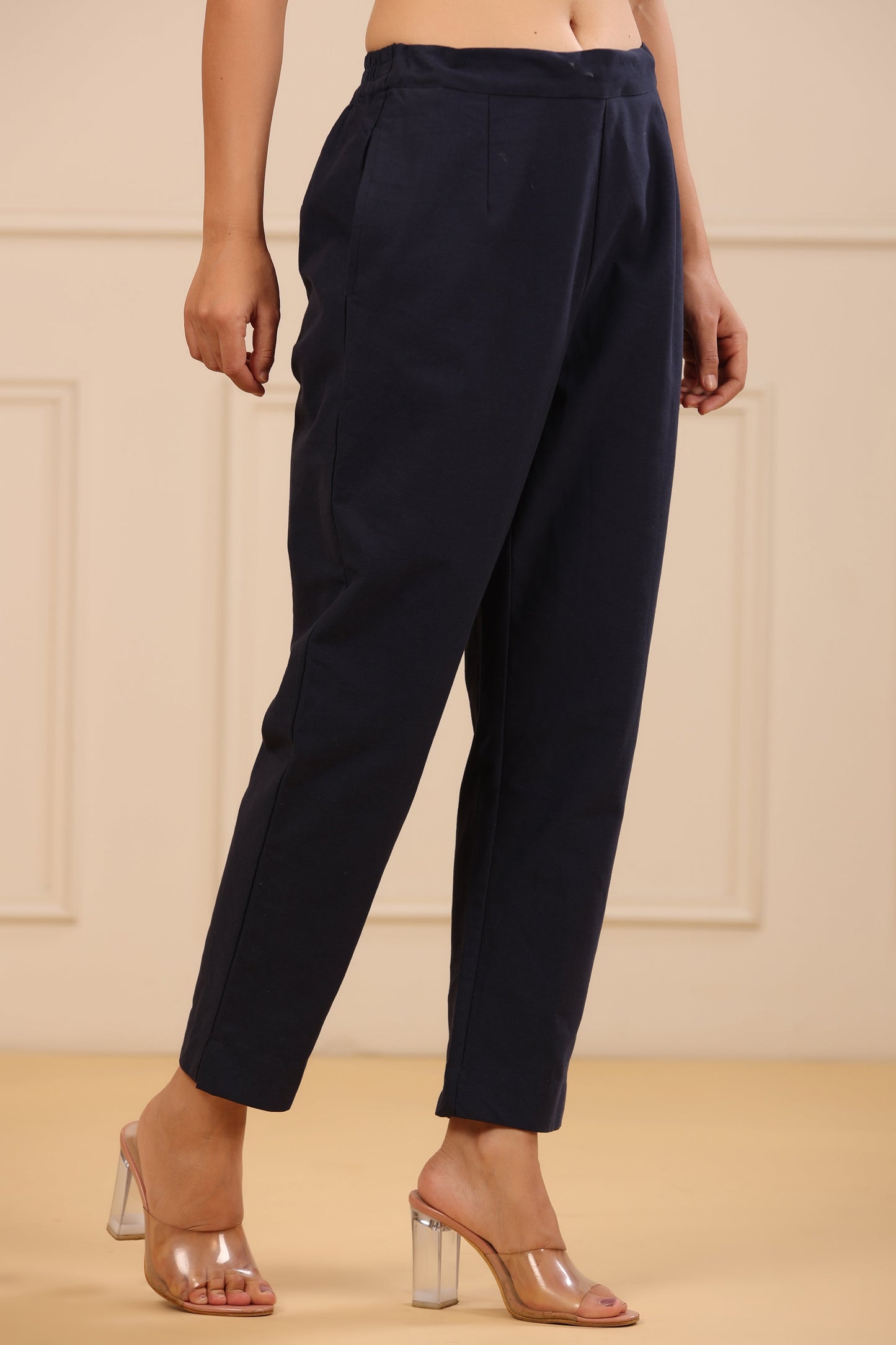 Navy Cotton Twill Solid Straight Pant/Slim Pant