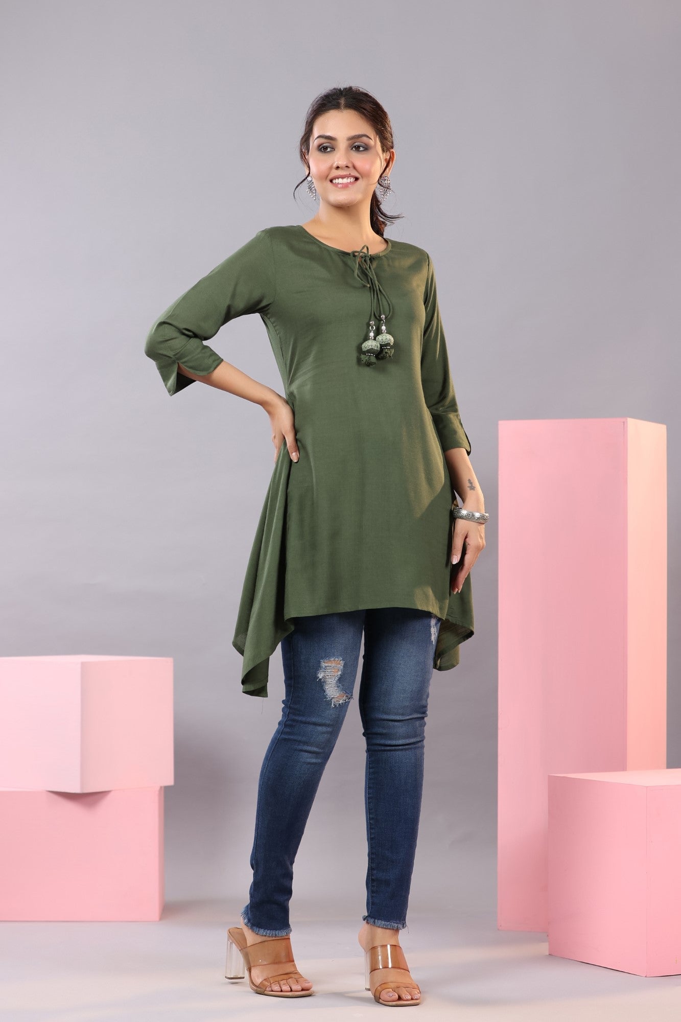 Olive Rayon Solid Asymmetric Kurta