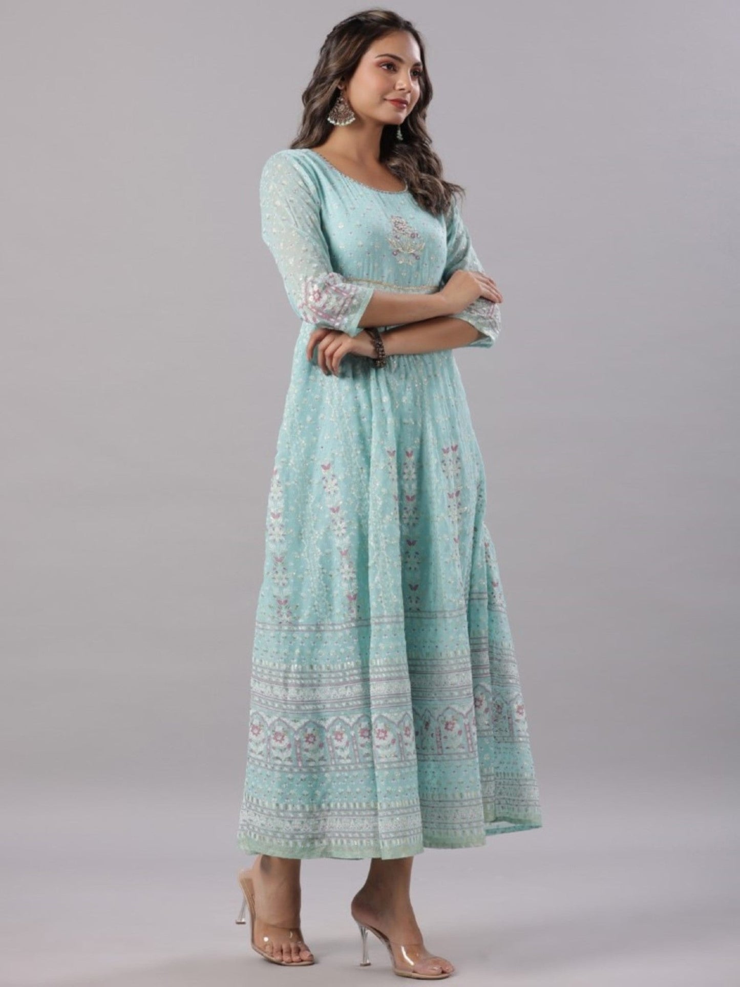 Sky Blue Chiffon Dobby Printed Maxi Dress
