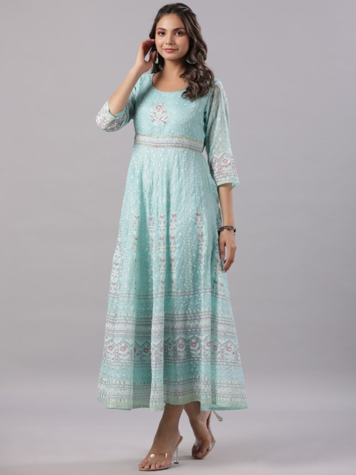 Sky Blue Chiffon Dobby Printed Maxi Dress