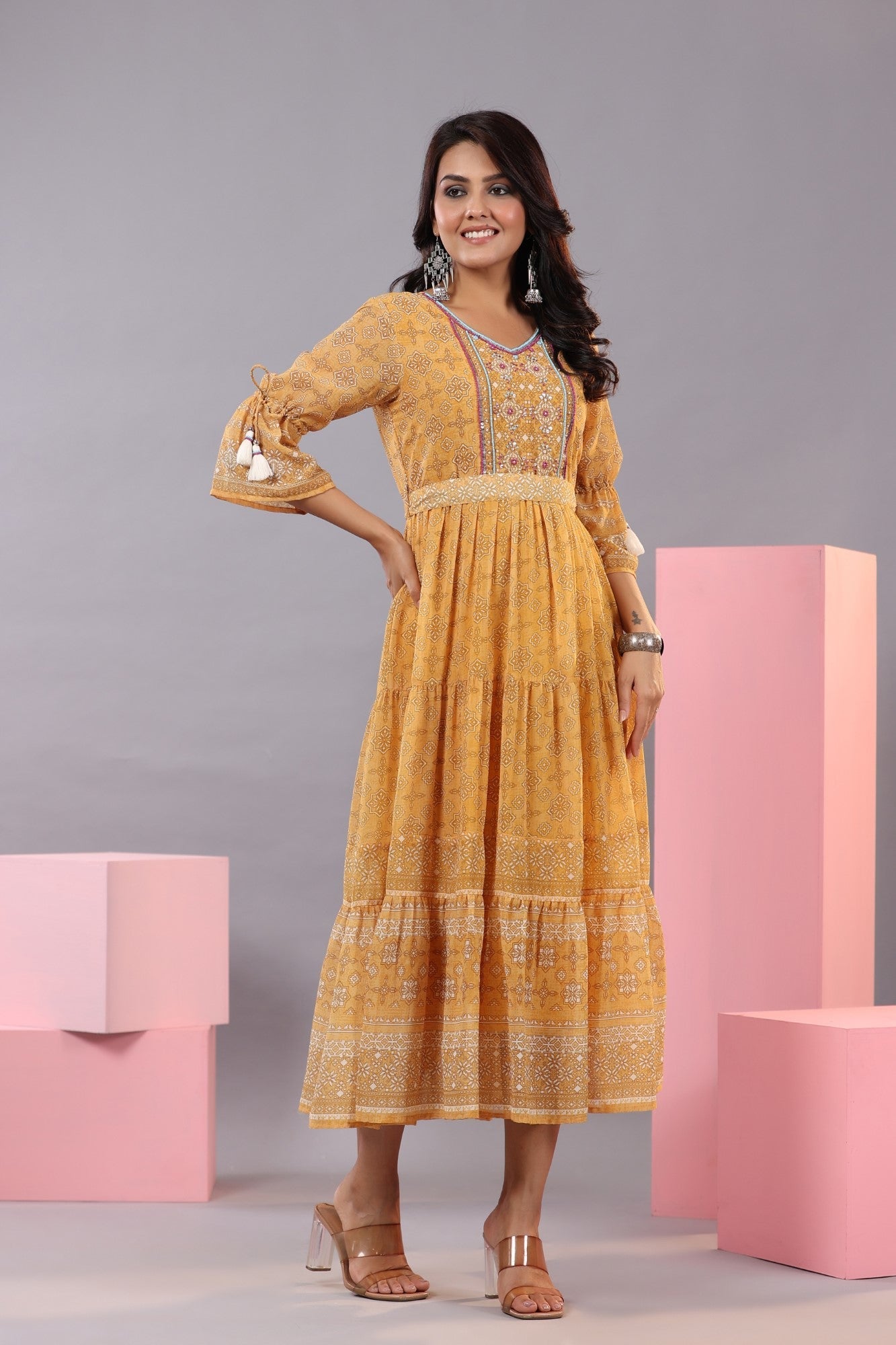 Yellow Georgette Geometric Printed Tiered Maxi Dress
