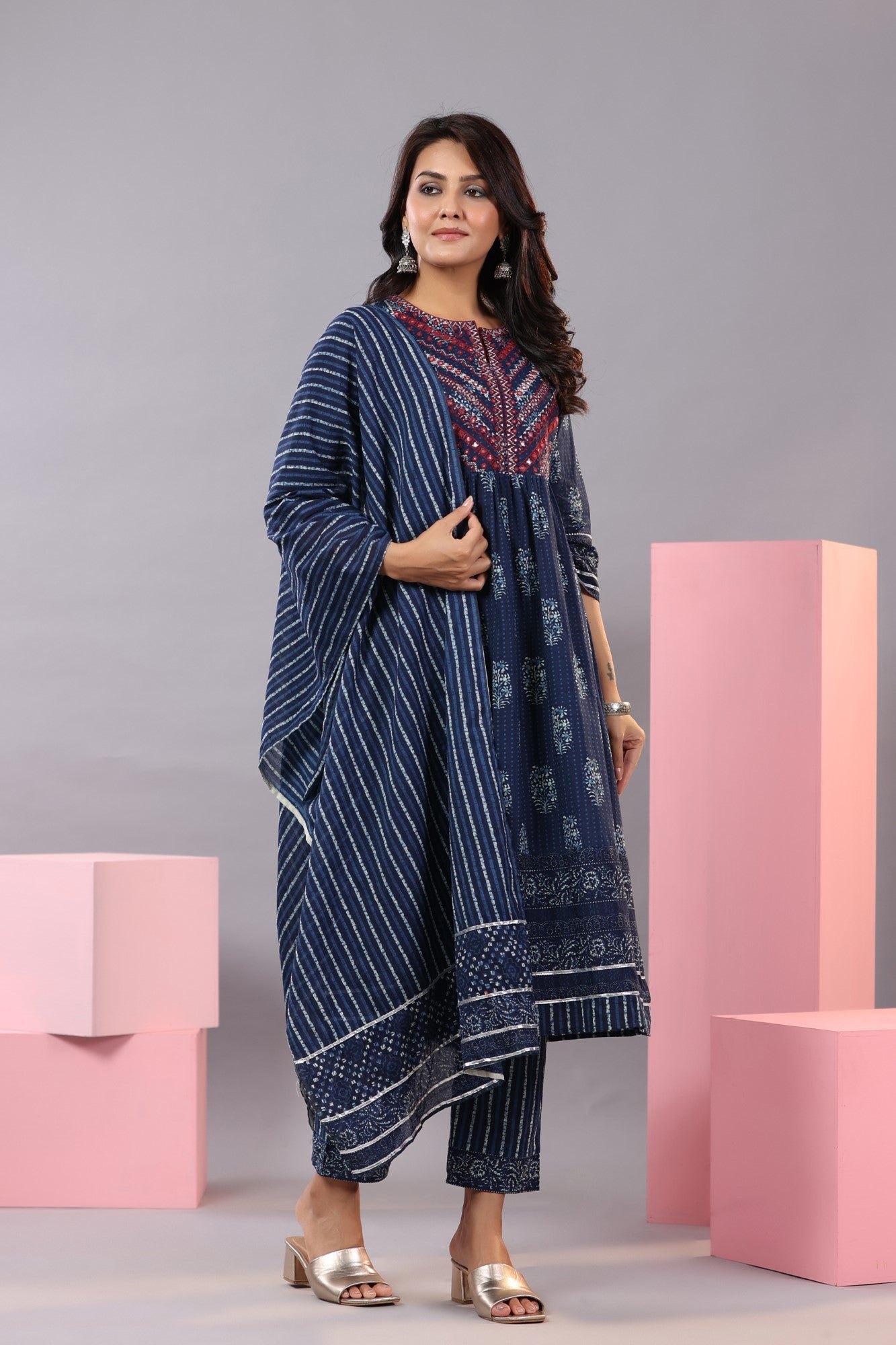 Indigo Cotton Cambric Batik Texture Printed Kurta, Pants And Dupatta Set