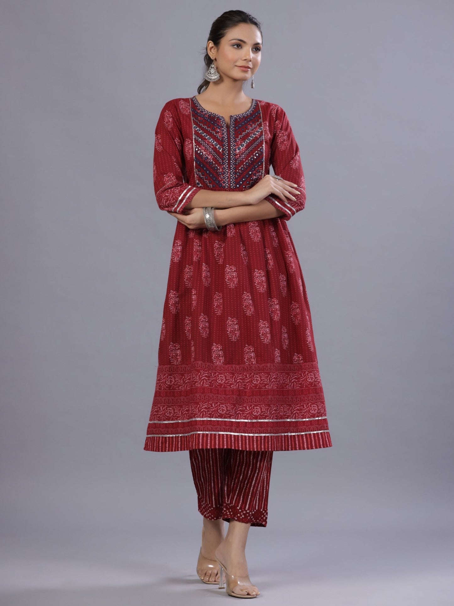 Maroon Cotton Cambric Batik Texture Printed Kurta, Pants And Dupatta Set