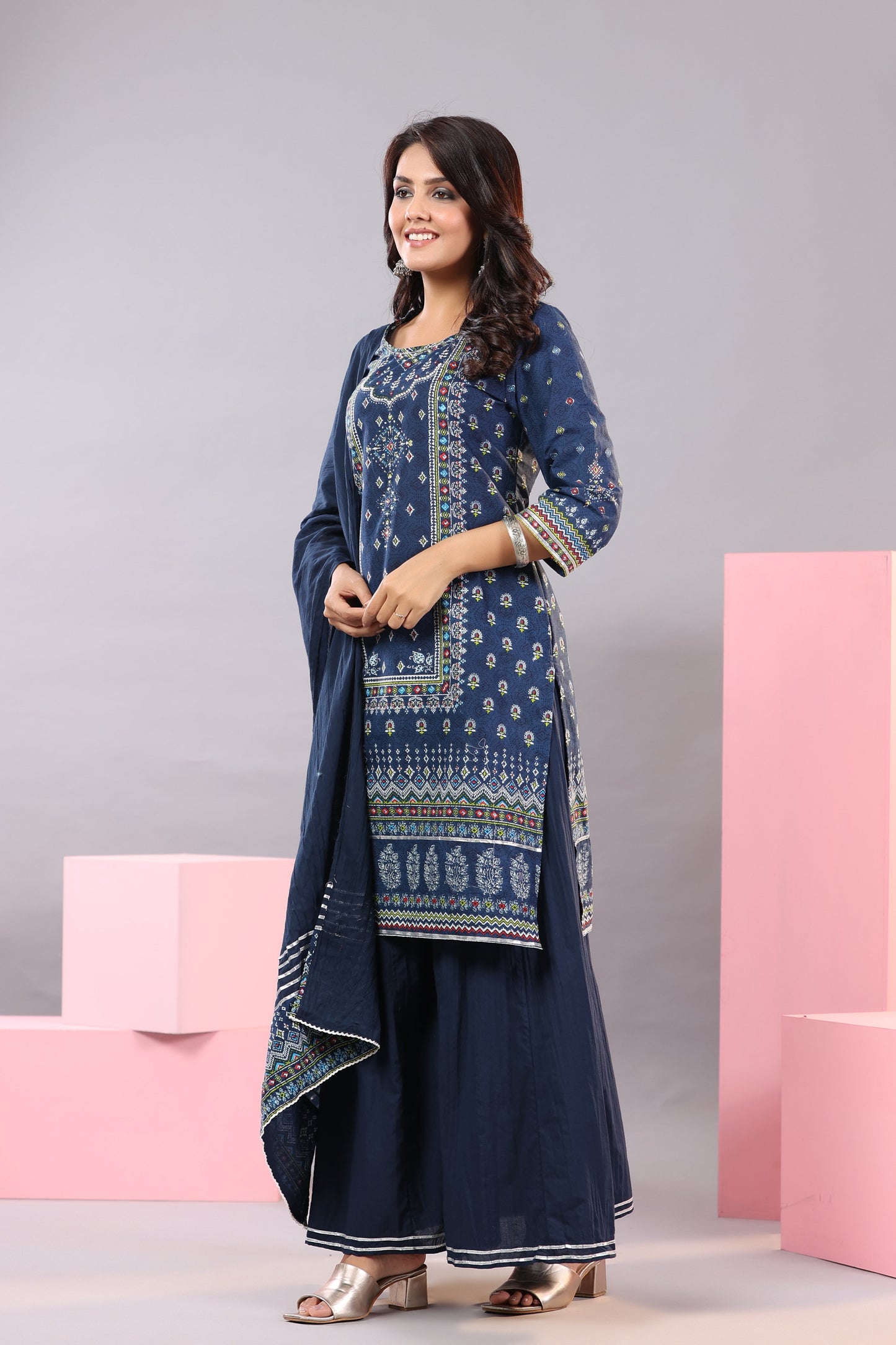 Indigo Cotton Cambric Printed Kurta, Palazzo And Dupatta Set