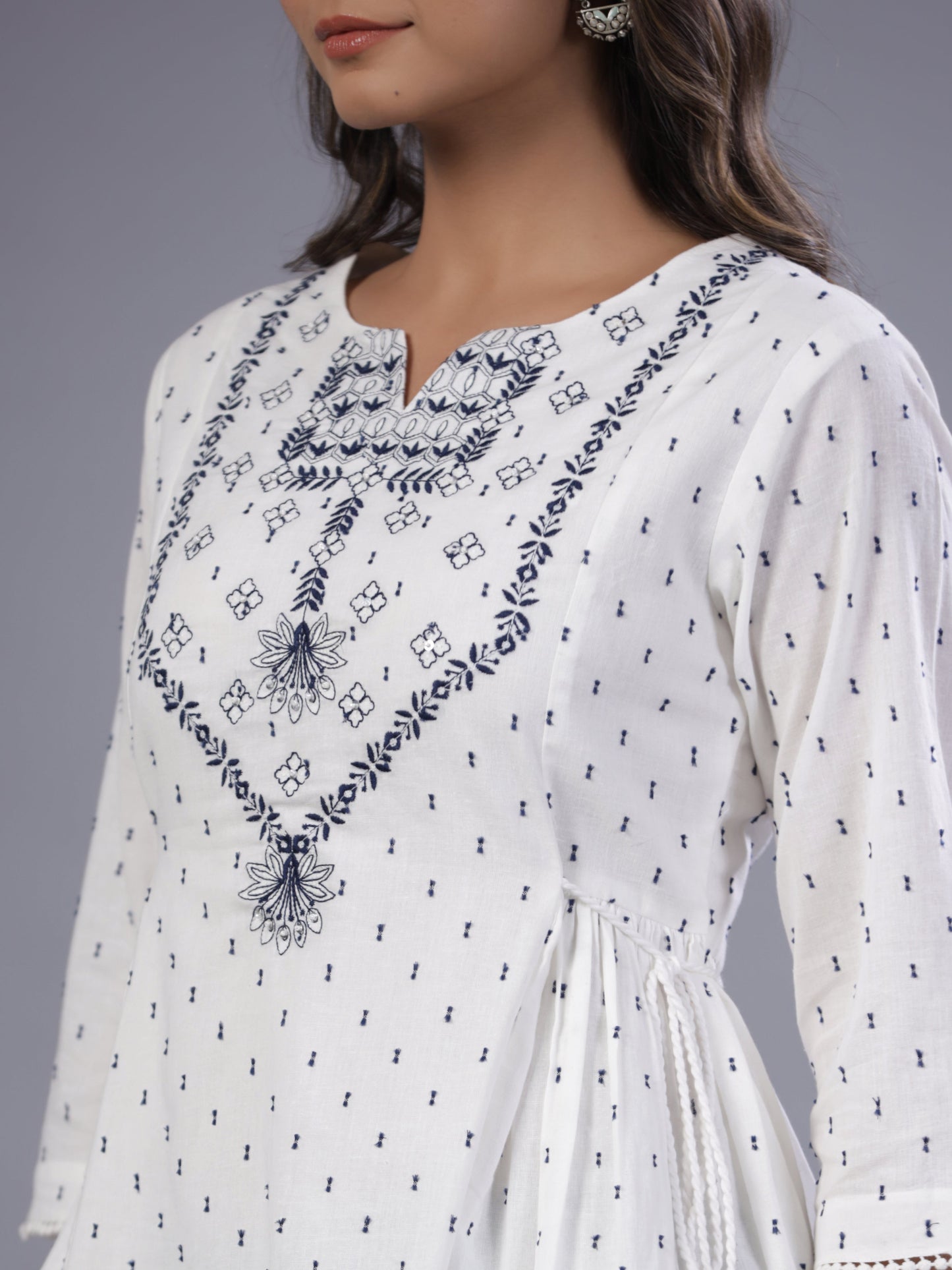 Off-White Cotton Dobby Embroidered Tunic