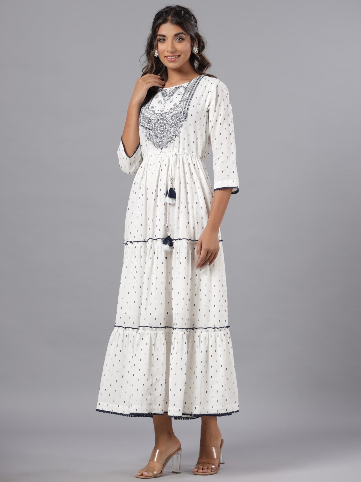 Off-White Cotton Dobby Embroidered Tiered Maxi Dress