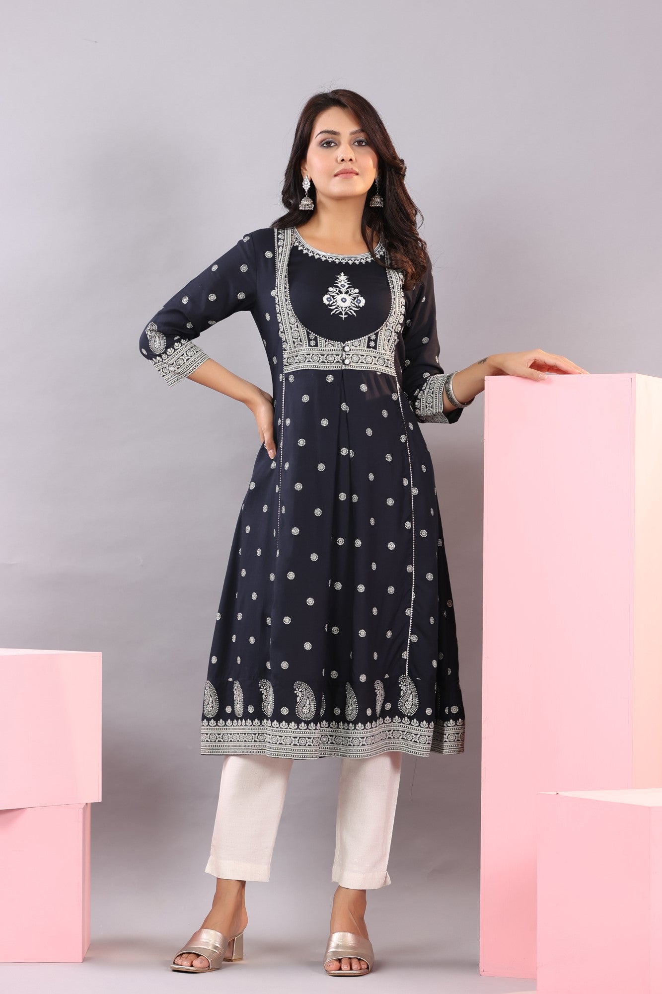 Indigo Rayon Printed A-Line Kurta