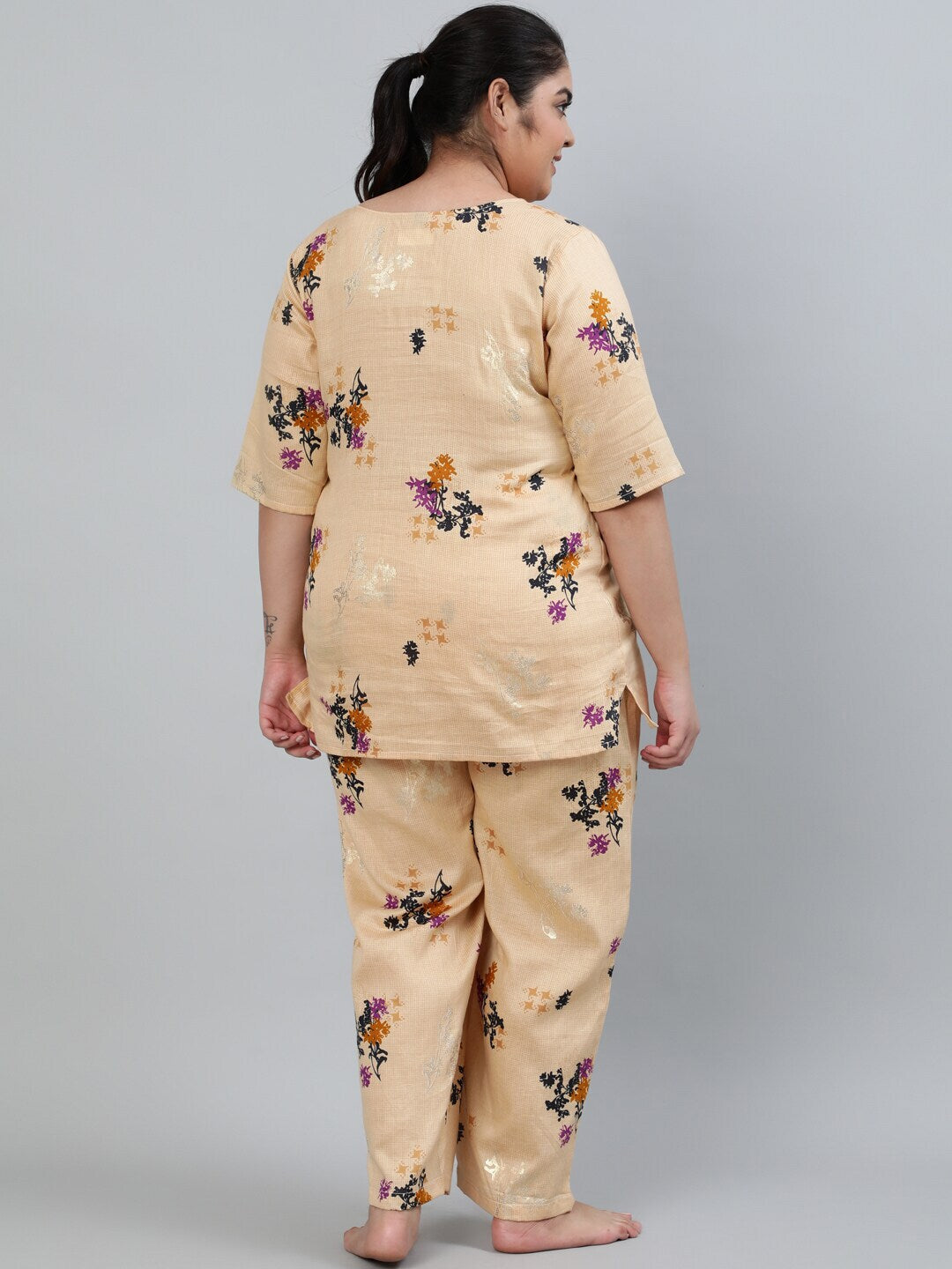 Plus Size Women Cream Floral Printed Night Suit With Half Sleeves