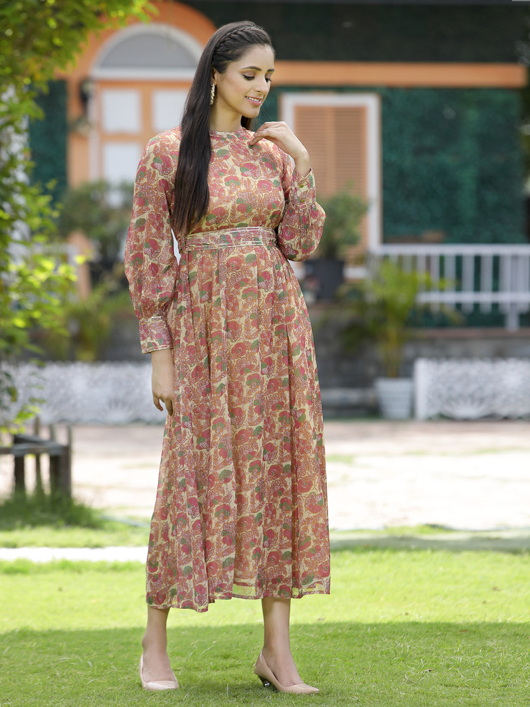 Multi Fuchsia Chiffon Flared Printed Dress