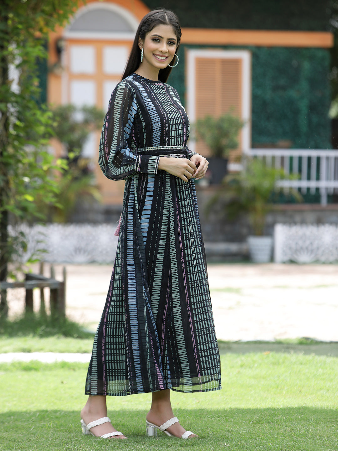 Multi Black Chiffon Flared Printed Dress