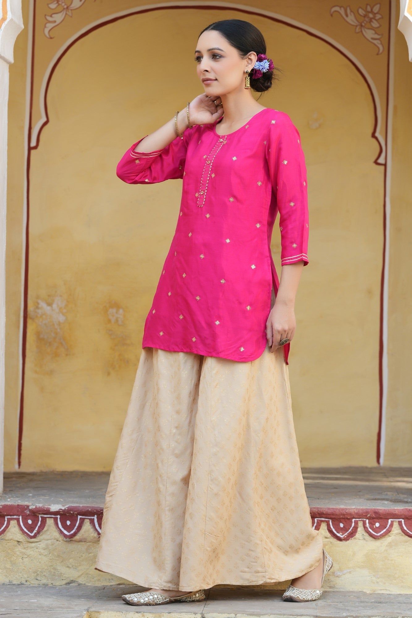 Fuchsia Shantoon Embroidered Straight Tunic