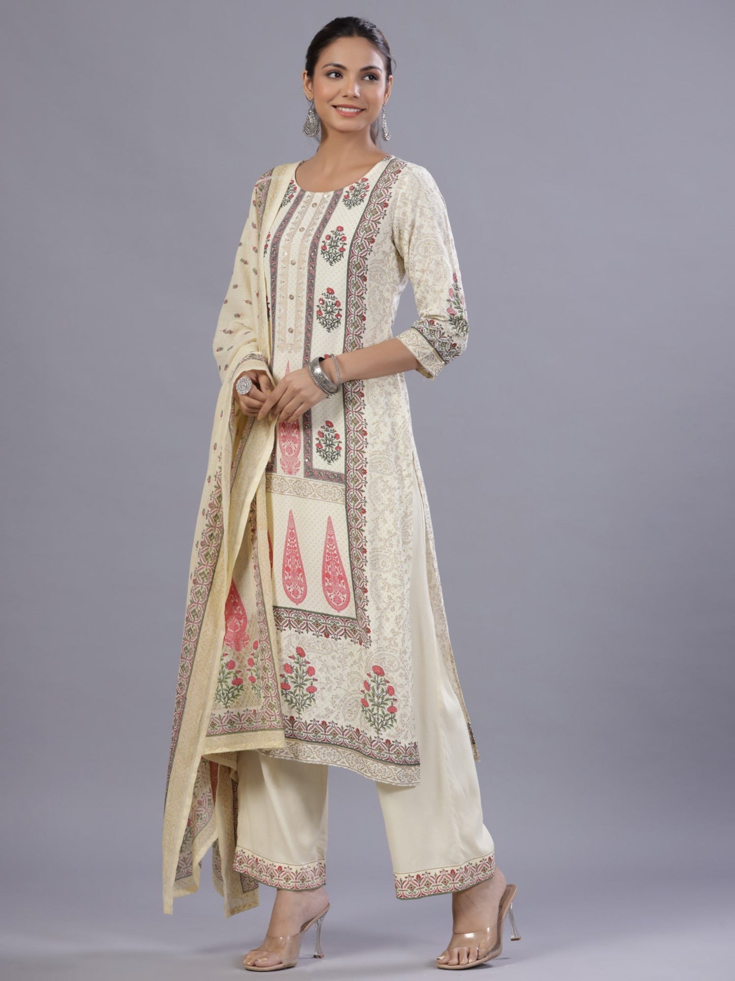 Yellow Rayon Printed Kurta, Pants And Dupatta Set
