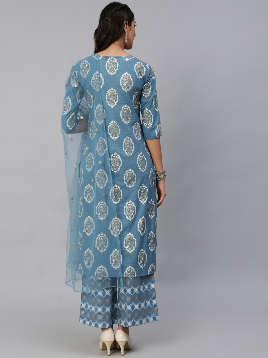 Women Blue & Gold Printed Kurta Set With Plazo & Dupatta