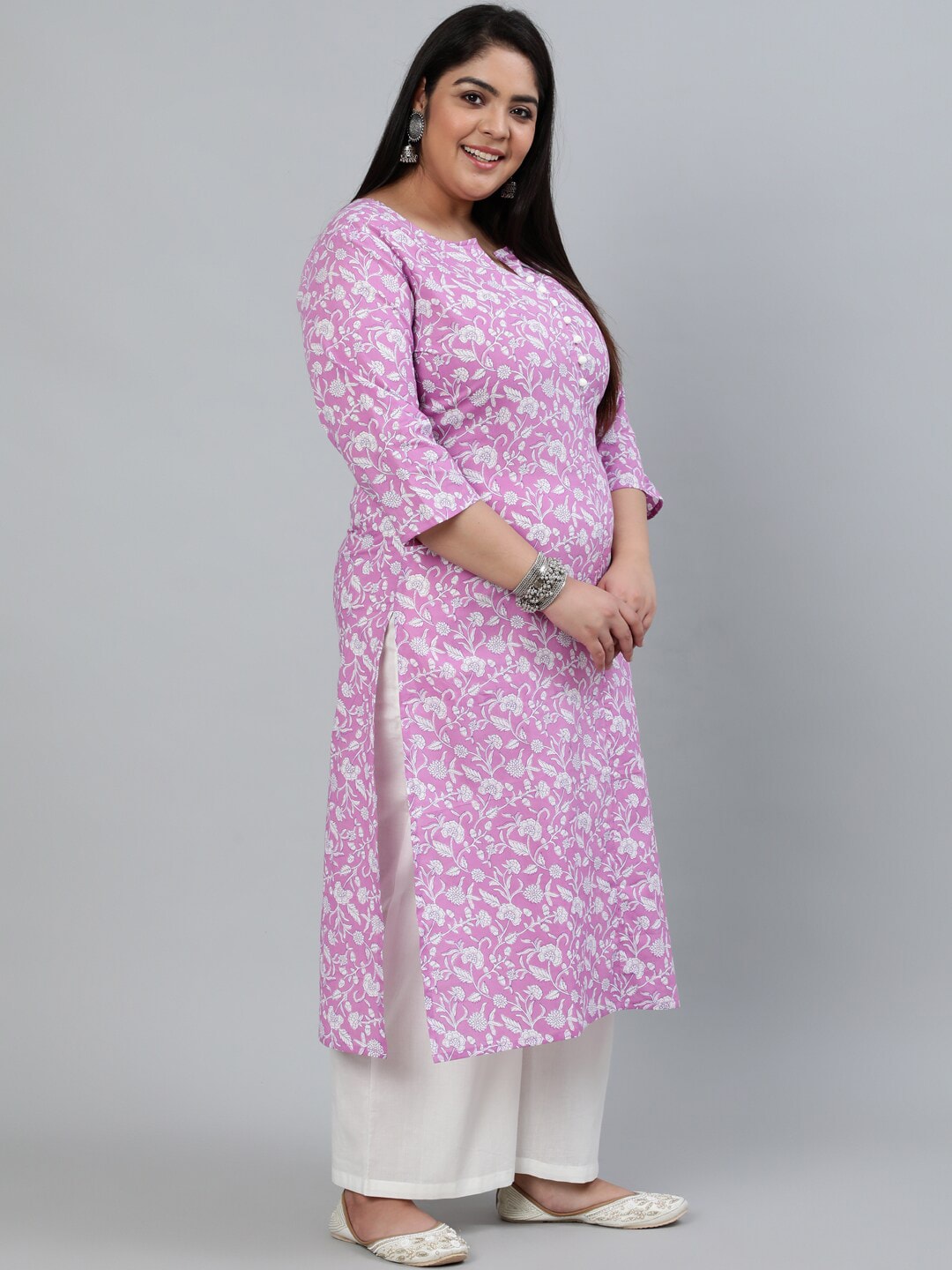 Plus Size Women Purple Printed Straight Kurta With Palazo & Dupatta