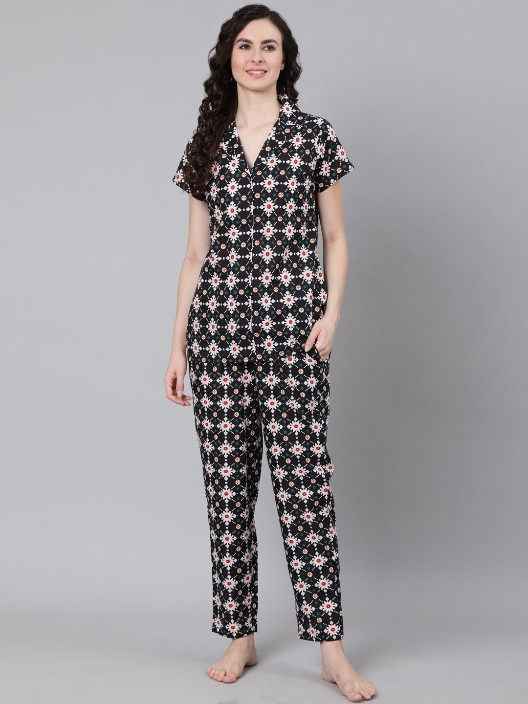 Women Black Printed Night suit