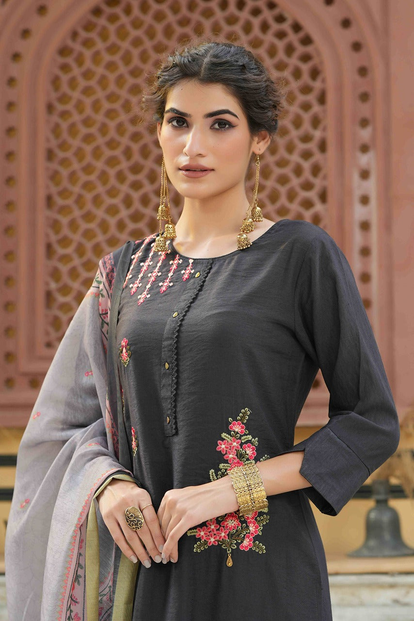 Dark Grey Mono Viscose Festive Wear Embroidered Straight Kurta Palazzo Dupatta Set