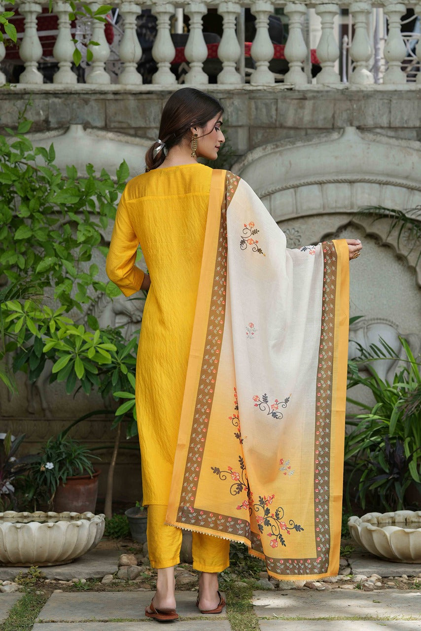 Yellow Mono Viscose Straight Embroidered Kurta Sets