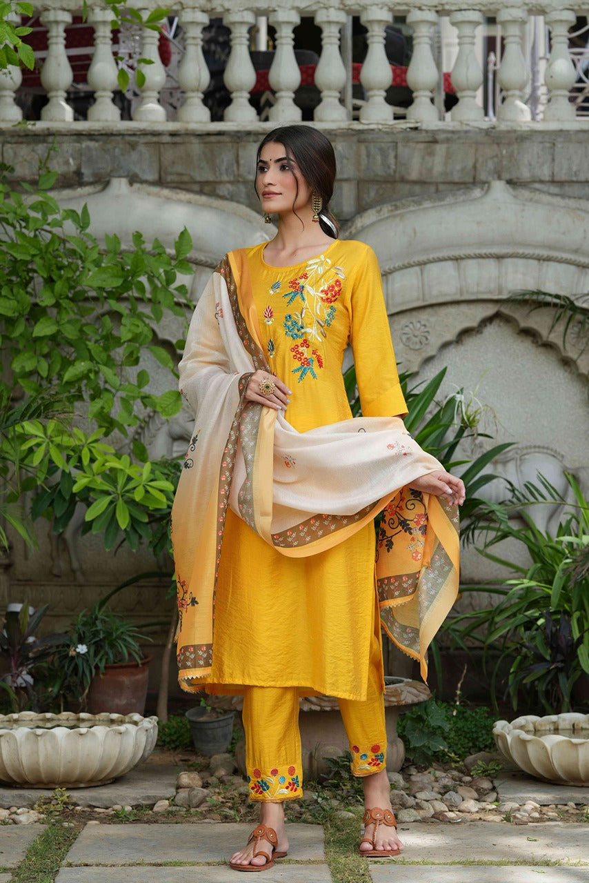 Yellow Mono Viscose Straight Embroidered Kurta Sets