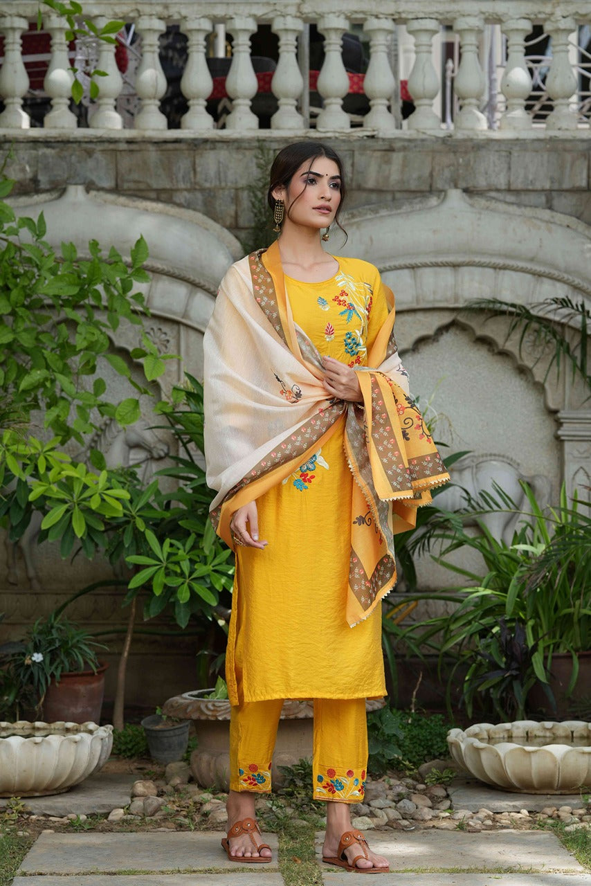 Yellow Mono Viscose Straight Embroidered Kurta Sets