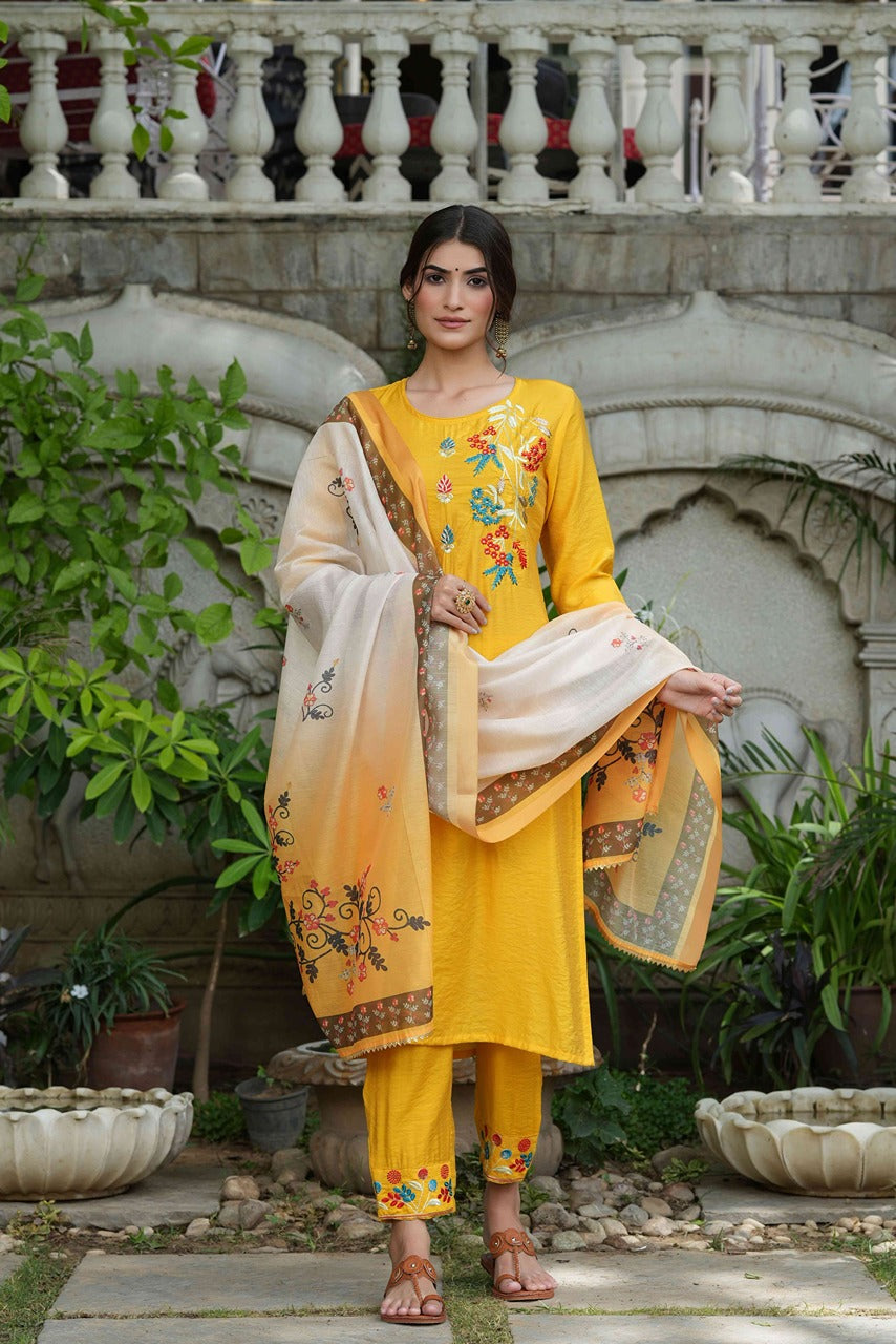 Yellow Mono Viscose Straight Embroidered Kurta Sets