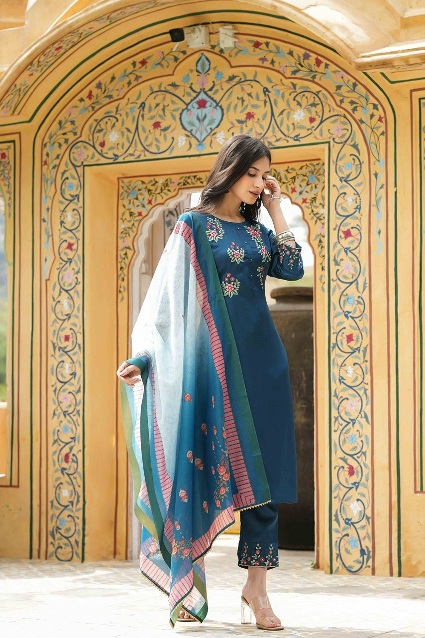 Teal Satin Slub Straight Embroidered Kurta Sets