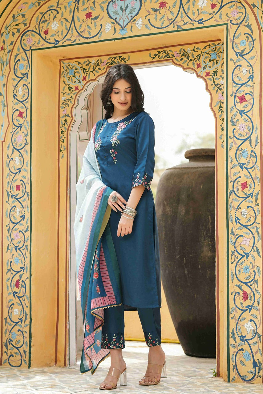 Teal Satin Slub Straight Embroidered Kurta Sets