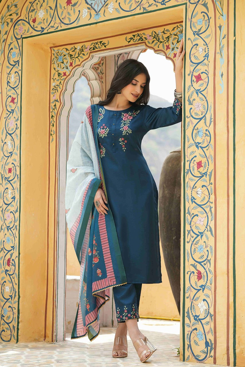 Teal Satin Slub Straight Embroidered Kurta Sets