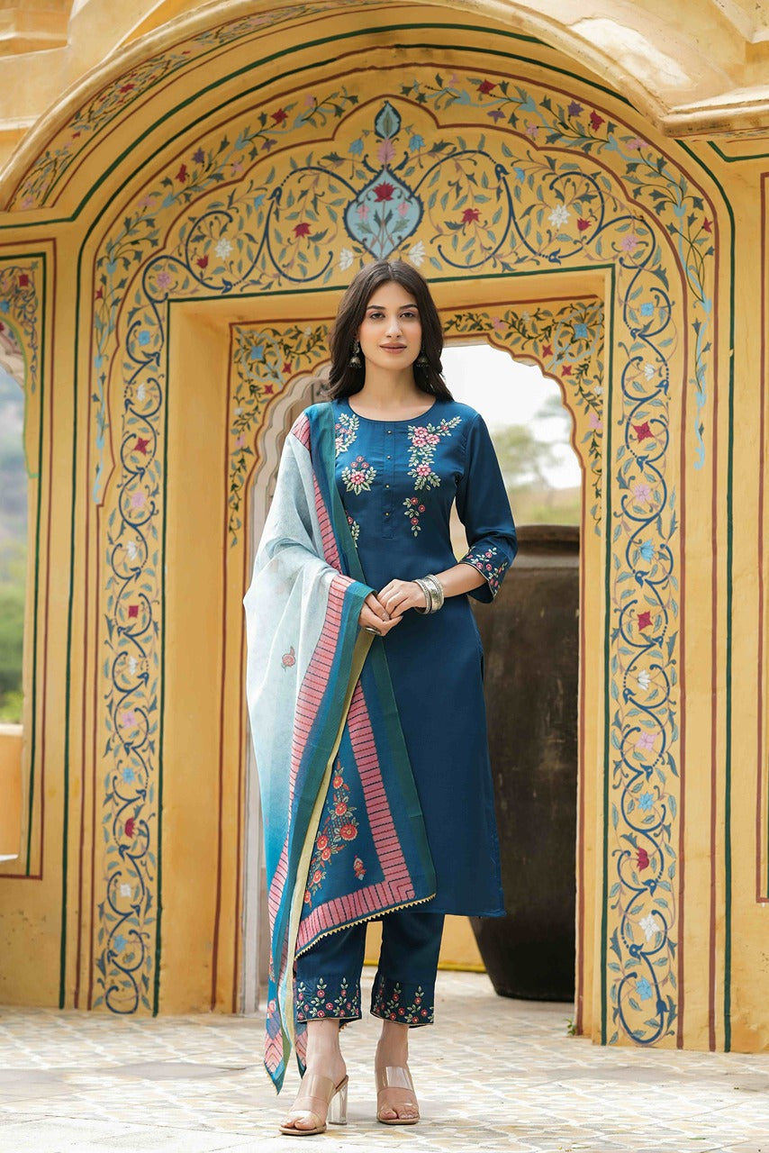 Teal Satin Slub Straight Embroidered Kurta Sets