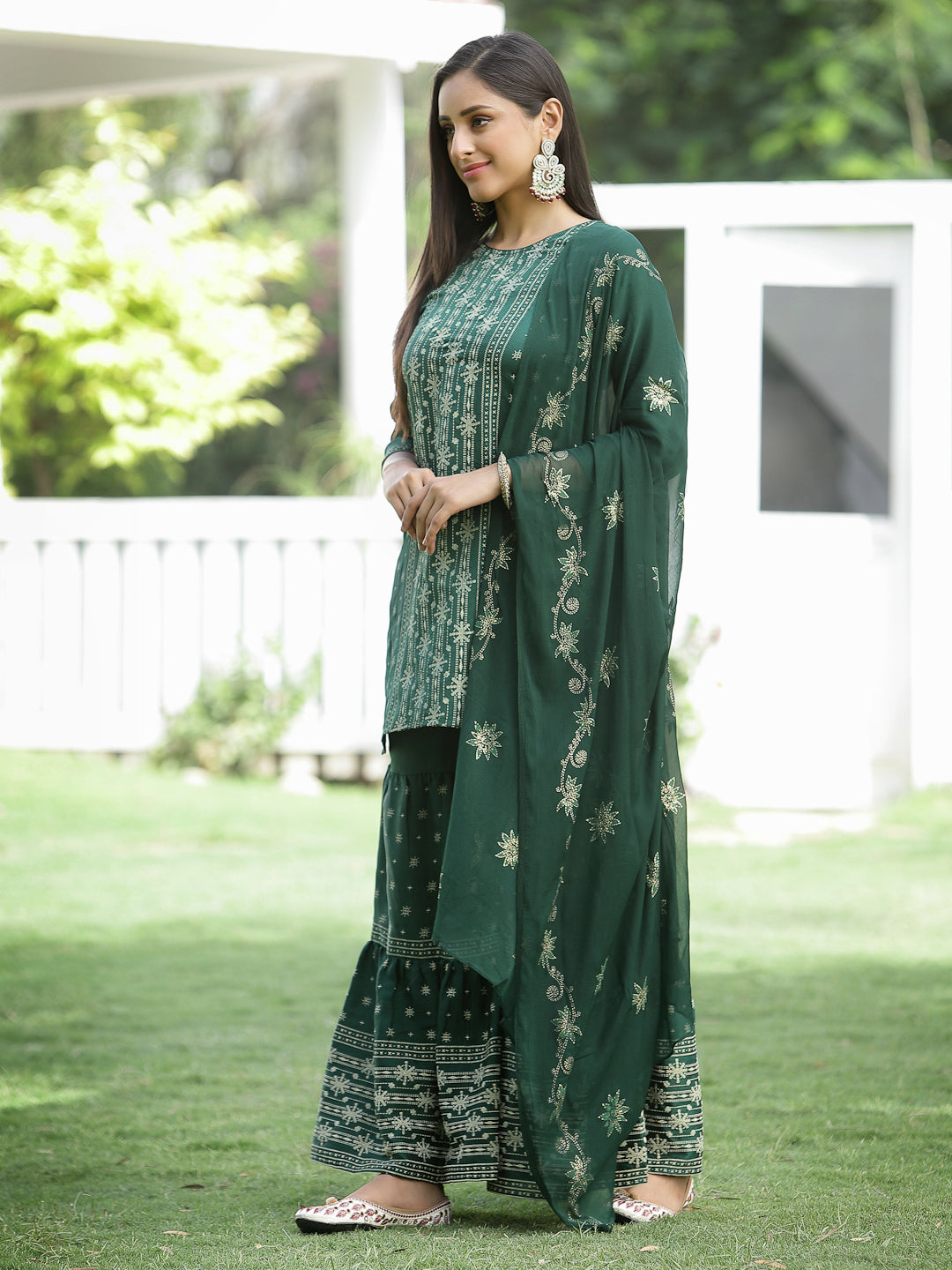 Green Mono Viscose Festive Wear Printed Straight Kurta Sharara Dupatta Set