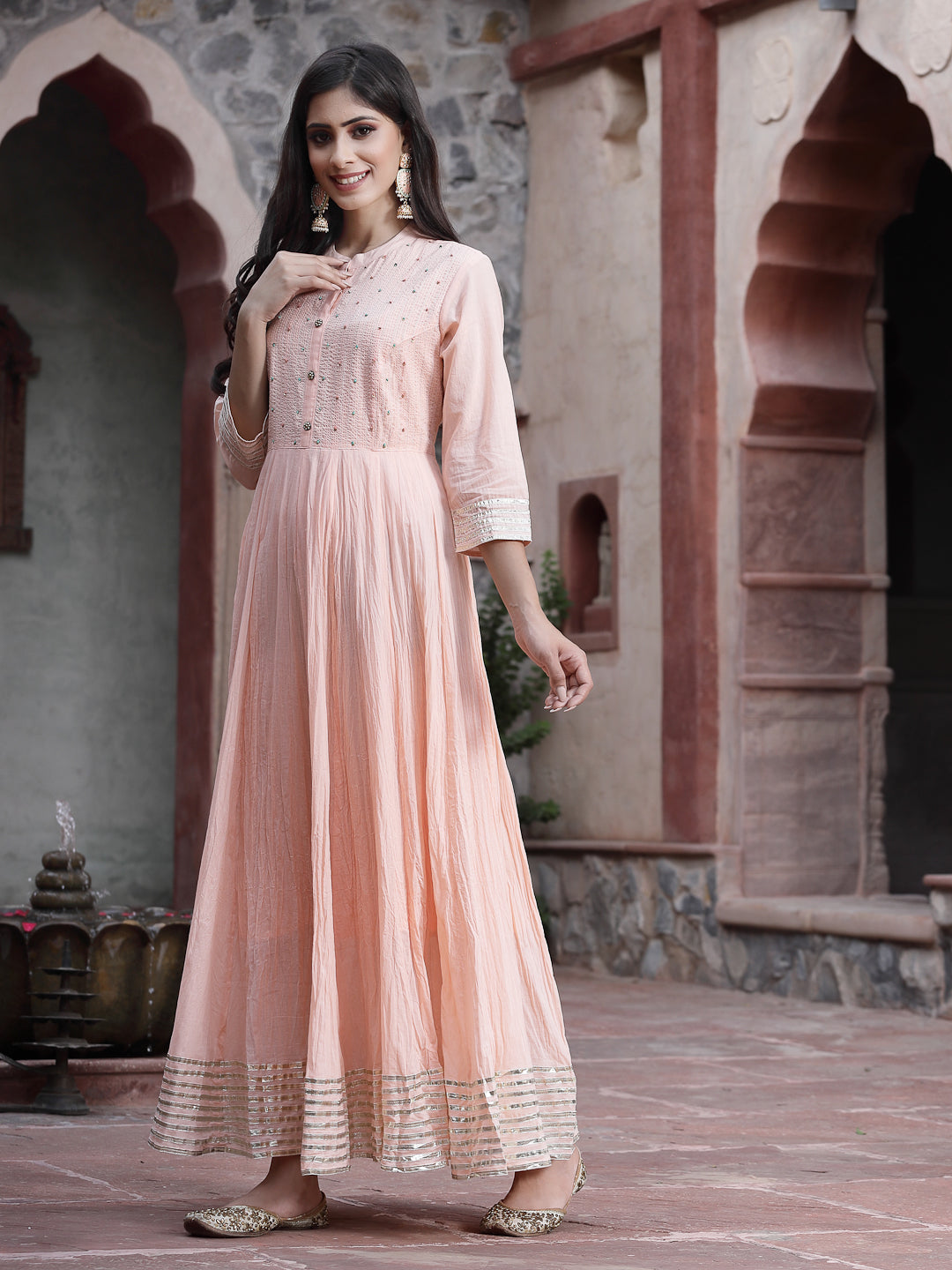 Peach Cotton Solid Flared Dress