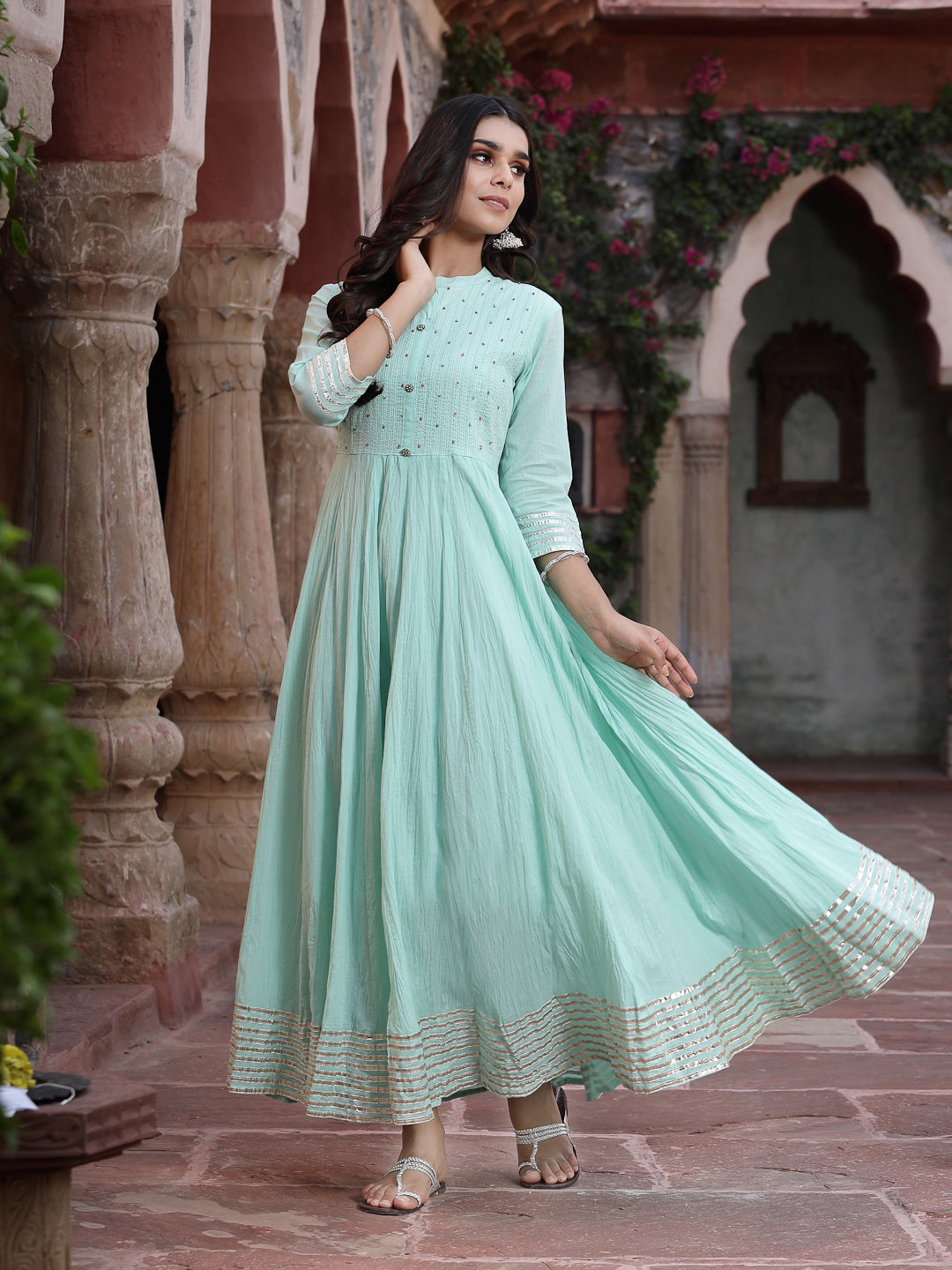 Sky Blue Cotton Solid Flared Dress