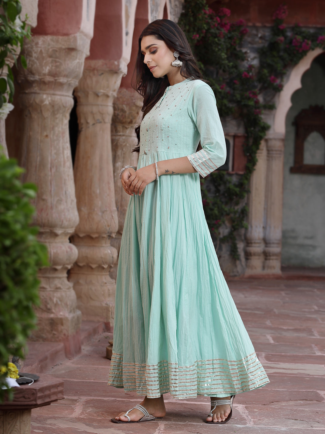 Sky Blue Cotton Solid Flared Dress