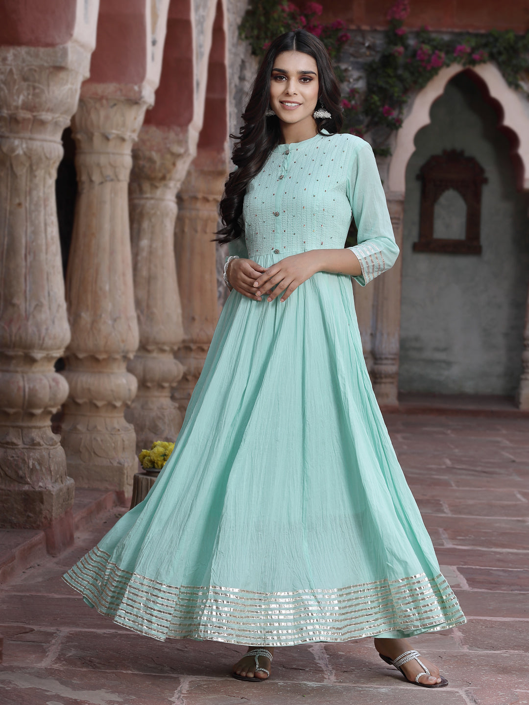 Sky Blue Cotton Solid Flared Dress