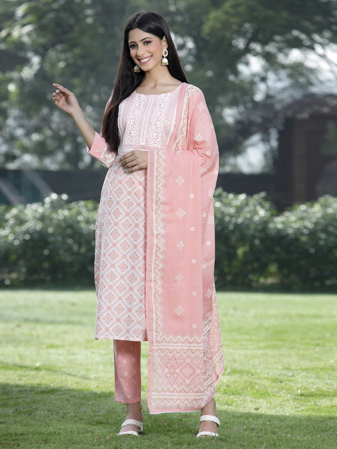 Peach Cotton Embroidered Straight Kurta Pant Dupatta Set