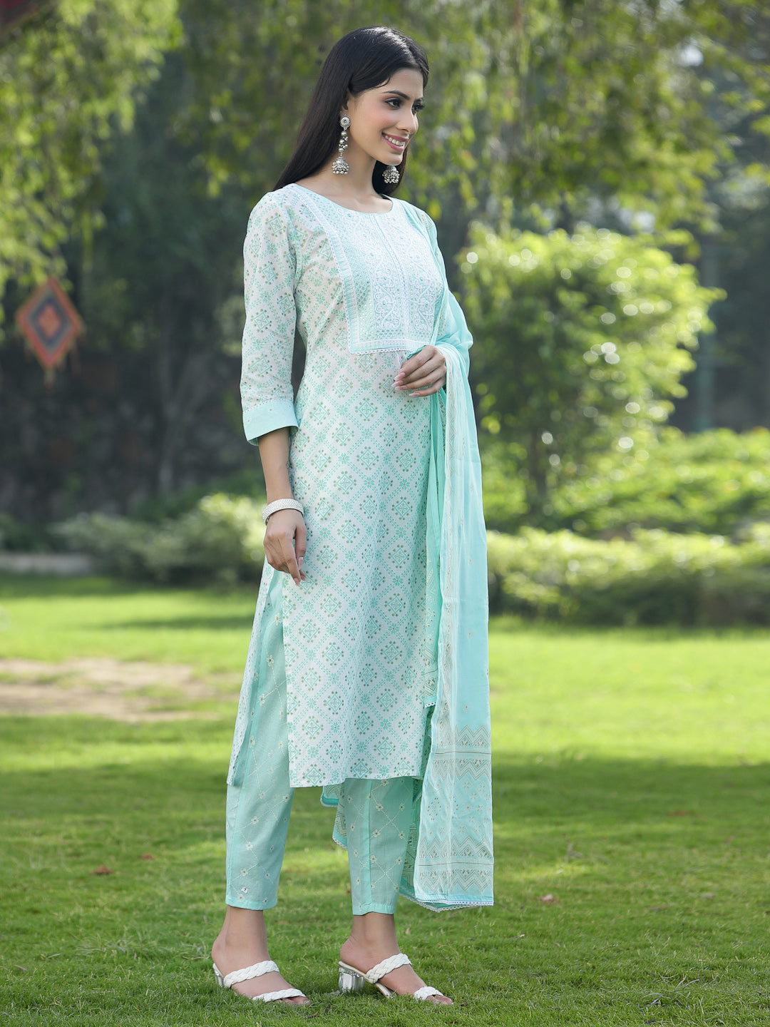 Powder Blue Cotton Embroidered Straight Kurta Pant Dupatta Set