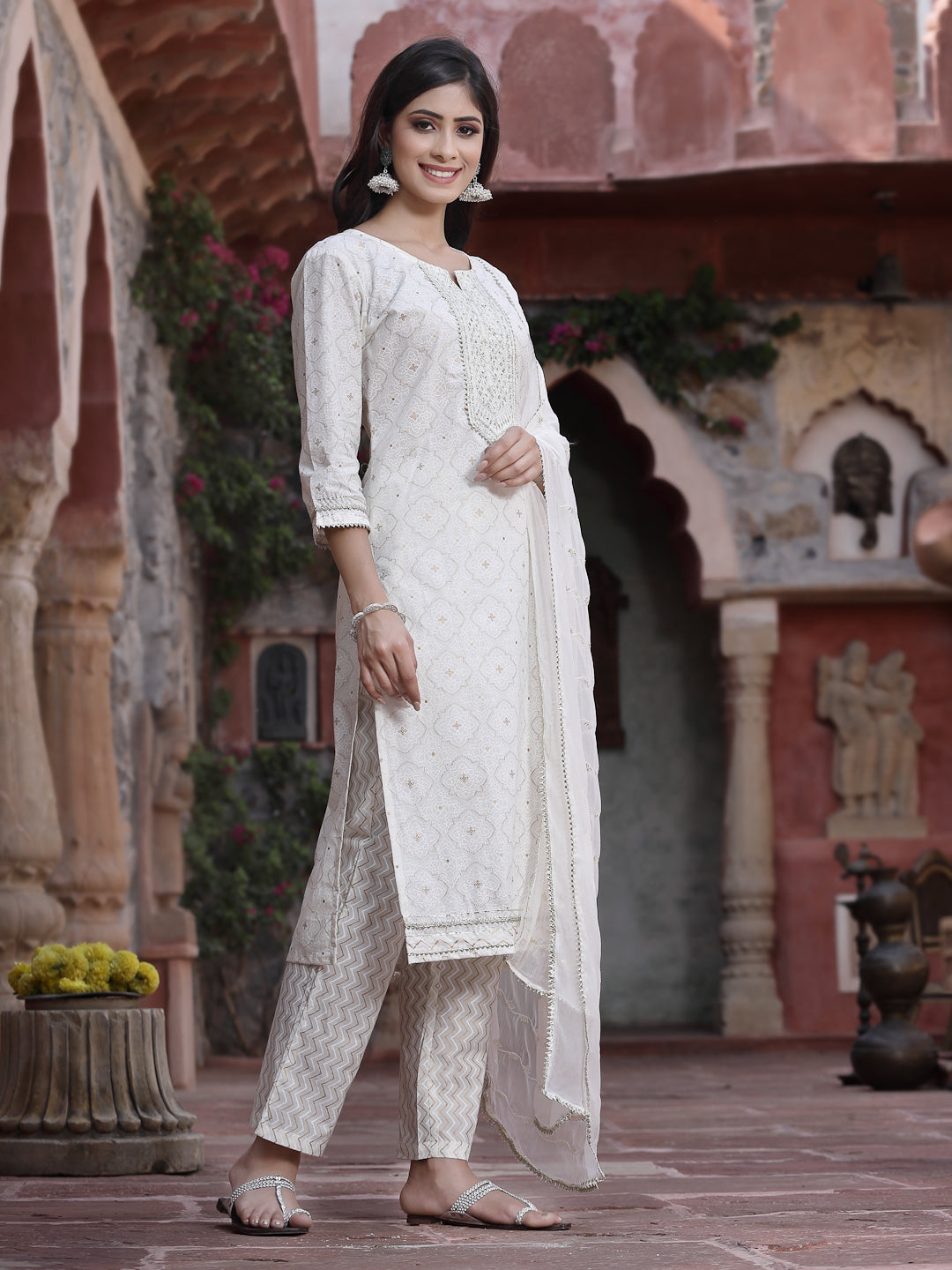 Off-White Cotton Embroidered Straight Kurta Pant Dupatta Set