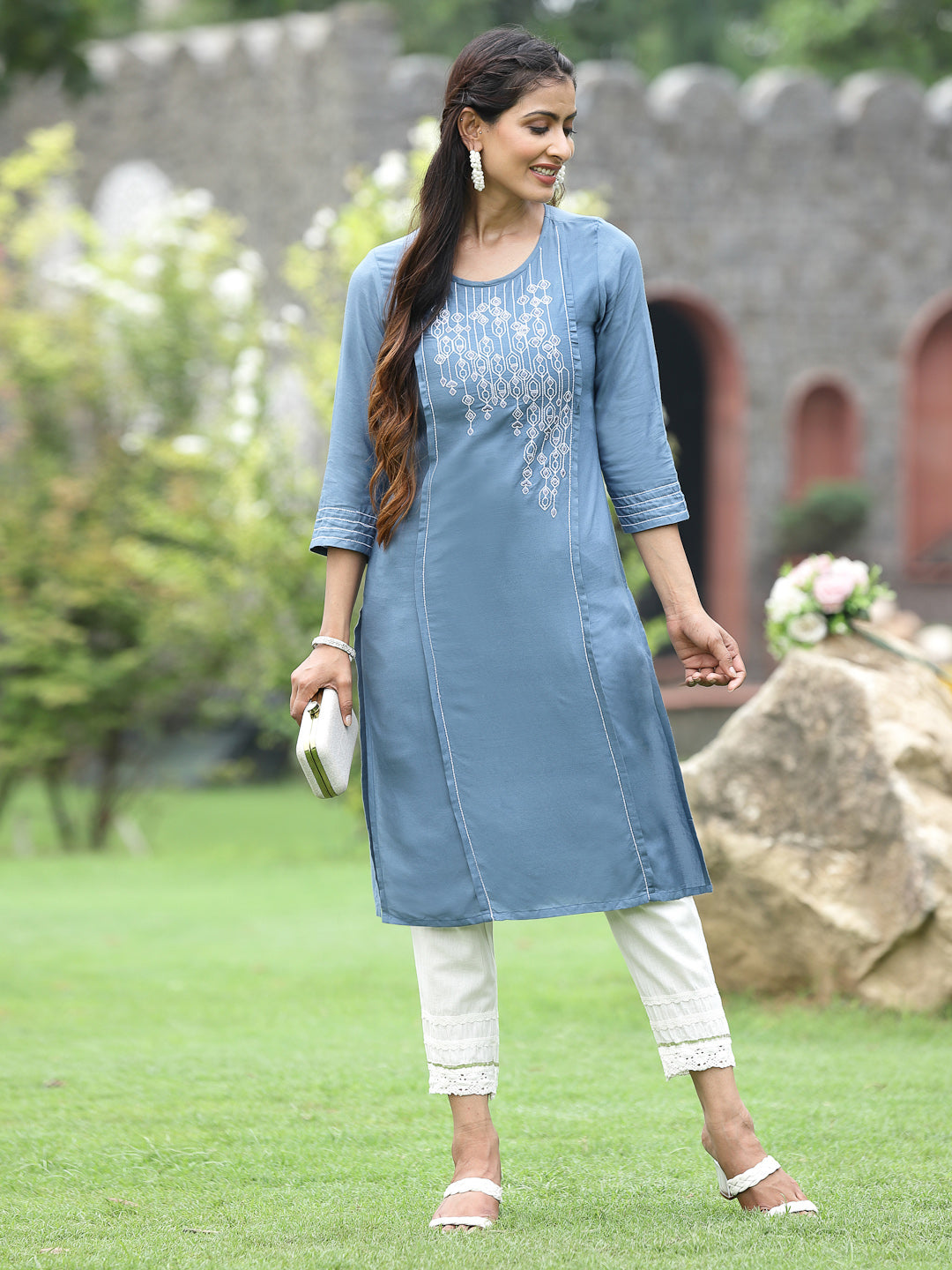 Grey Rayon Festive Wear Embroidered Straight Kurta