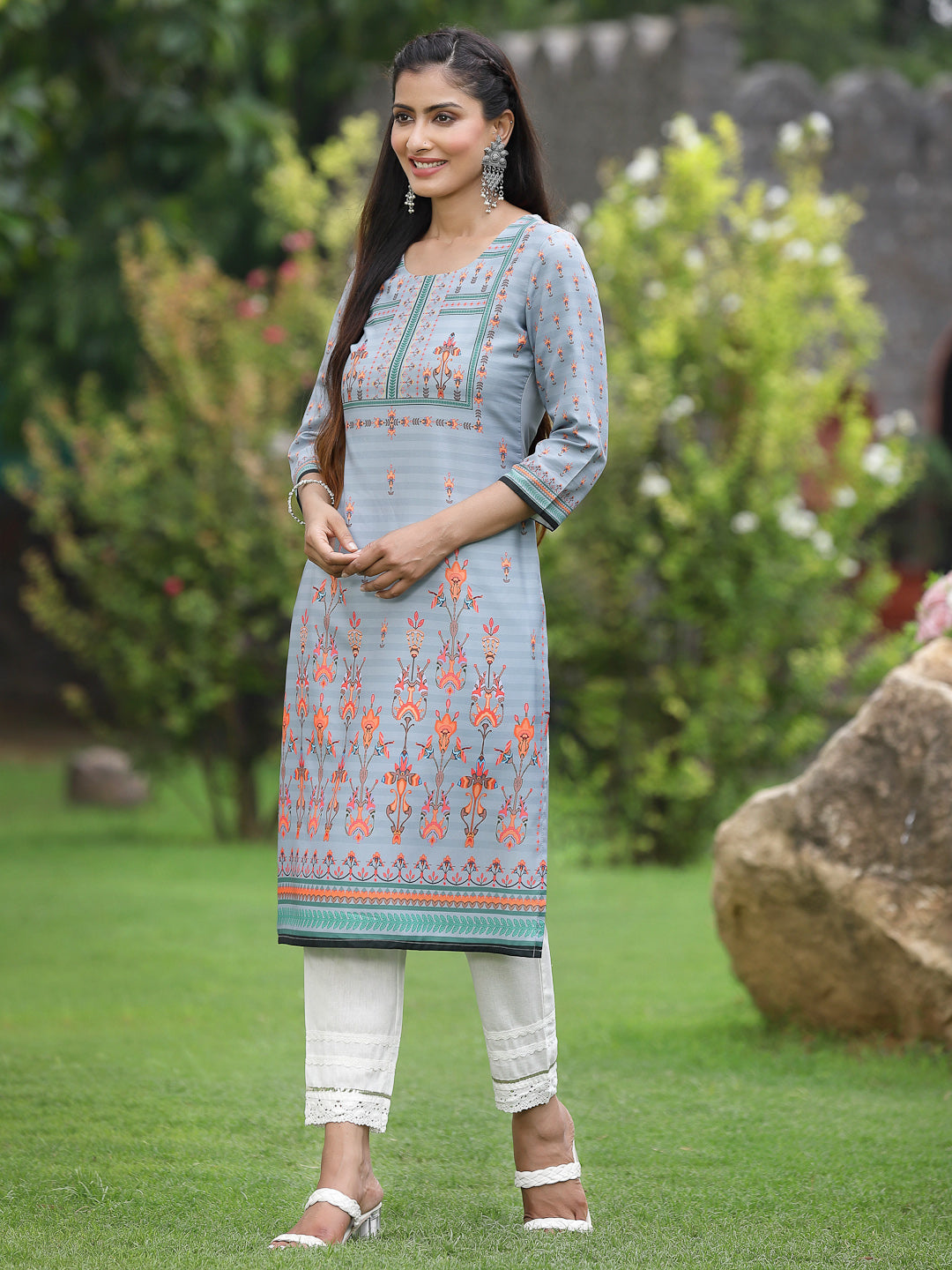 Grey Crepe Casual Wear Digital Printed Straight Kurta