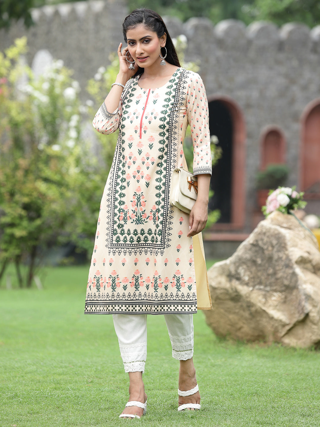 Off-White Crepe Casual Wear Digital Printed Straight Kurta