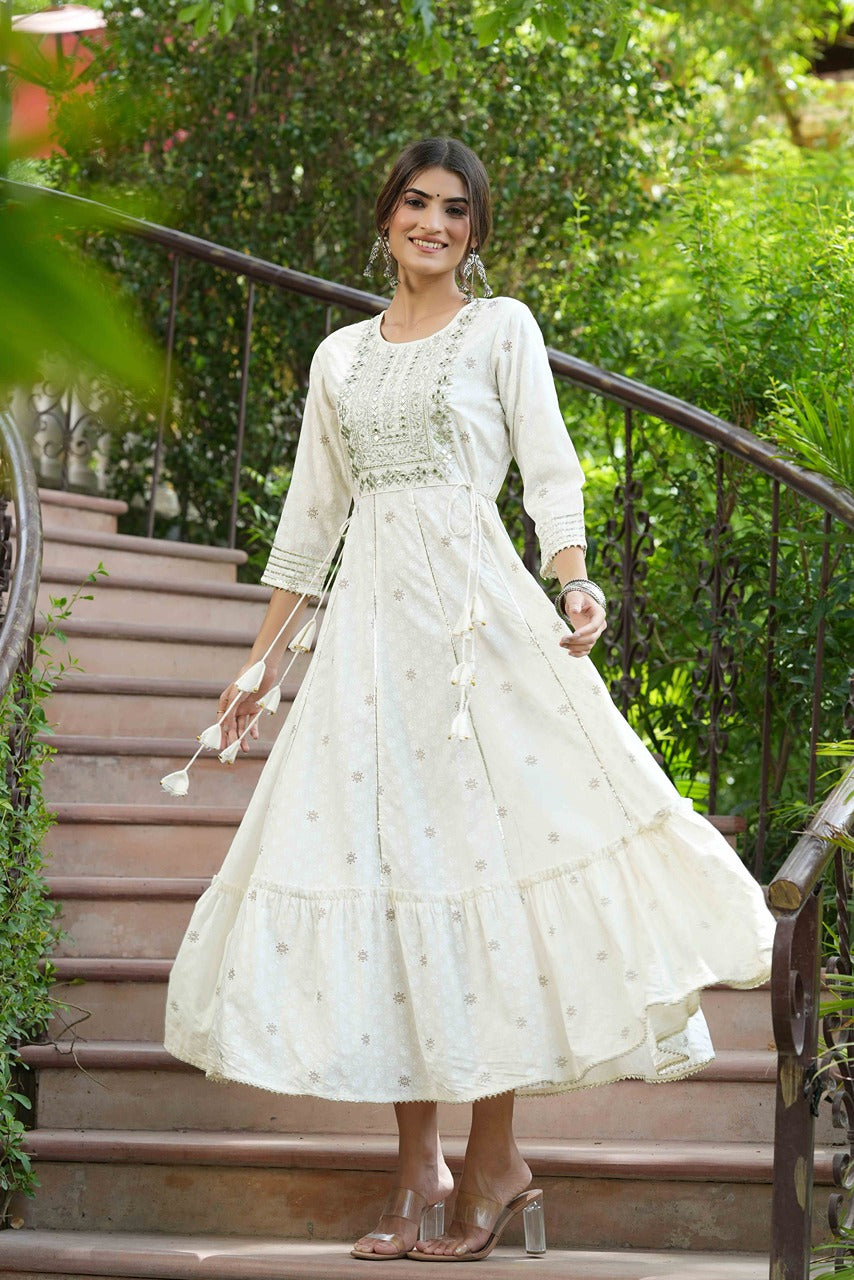 Off-White Rayon Festive Wear Embroidered A-Line Long Dress