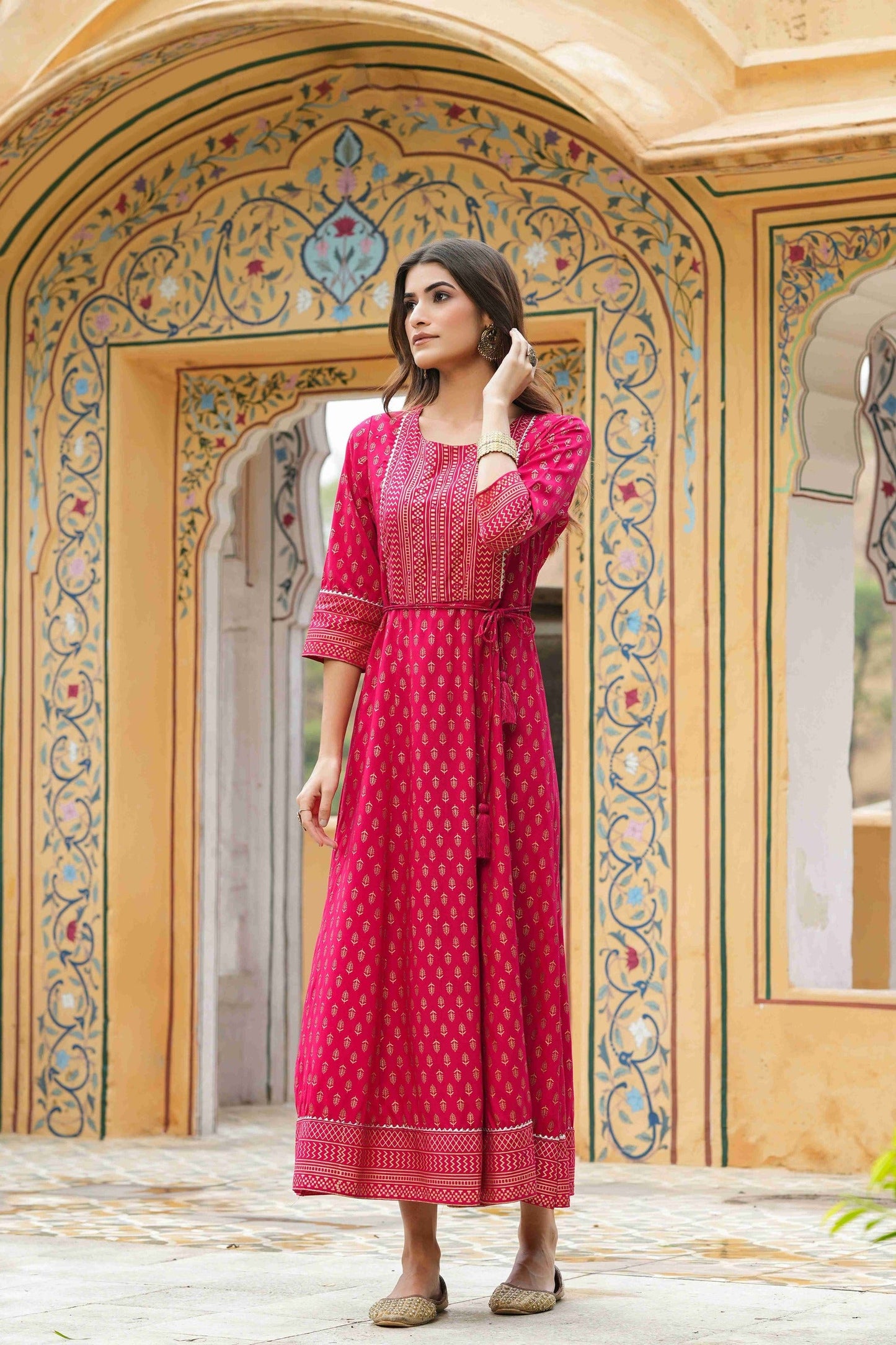 Fuchsia Rayon Festive Wear Foil Printed A-Line Long Dress