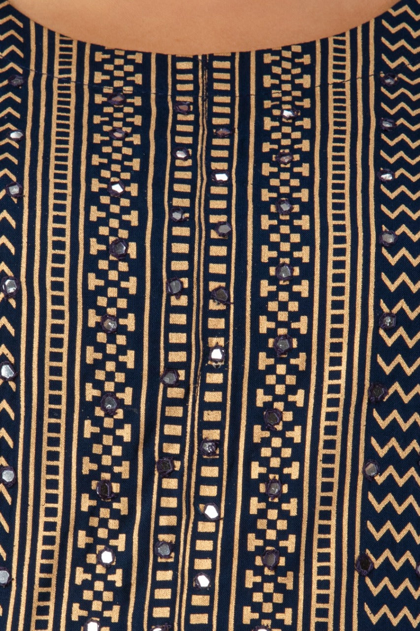 Navy Rayon Festive Wear Foil Printed A-Line Long Dress