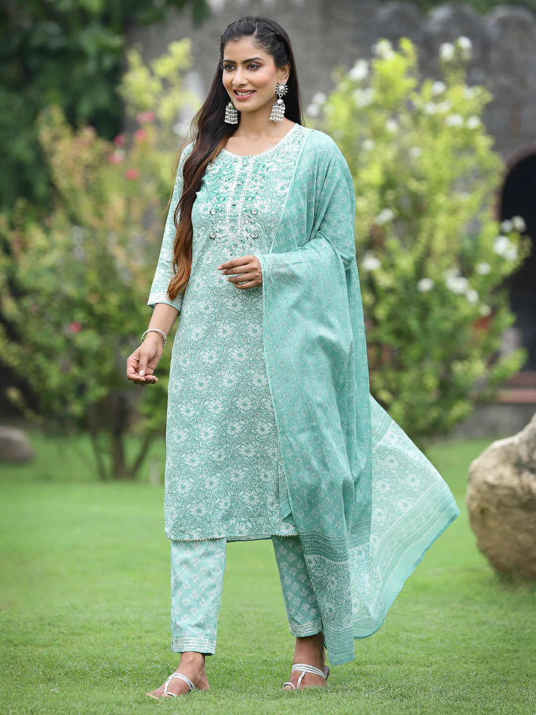 Blue Cotton Cambric Festive Printed Kurta Set
