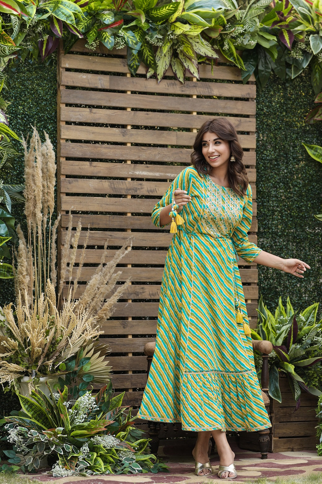 Cotton Cambric Green Printed Flared Festive Long Dress