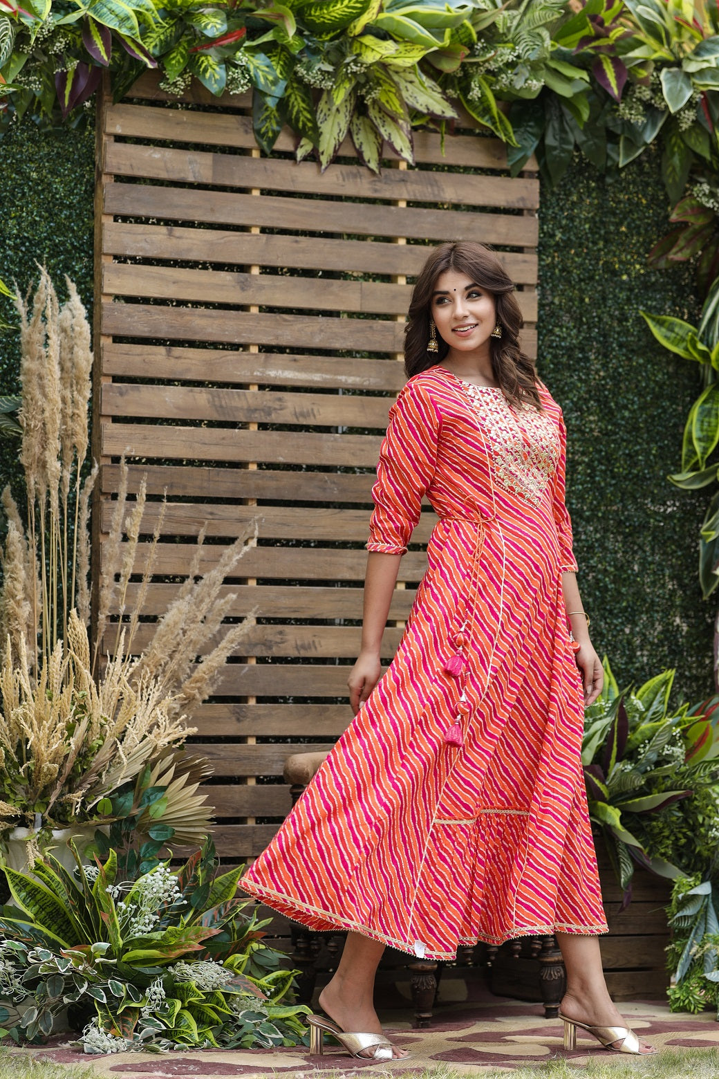 Cotton Cambric Red Printed Flared Festive Long Dress